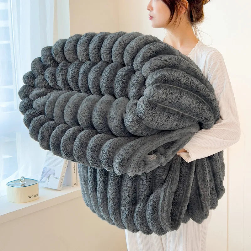 Soft FluffRow Blanket for Bed, 250GSM Warm Plush Striped Decorative Blanket for Winter Sleep & Naps