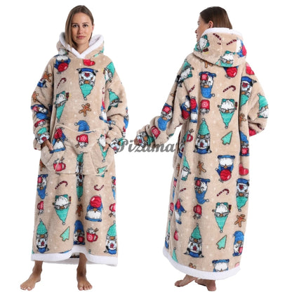 Christmas Super Long Flannel Blanket Hoodie – Unisex Cold-Proof Fleece Nightgown with Sleeves