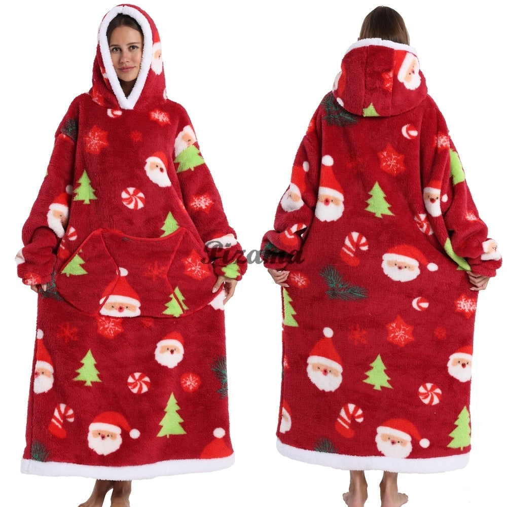 Christmas Super Long Flannel Blanket Hoodie – Unisex Cold-Proof Fleece Nightgown with Sleeves