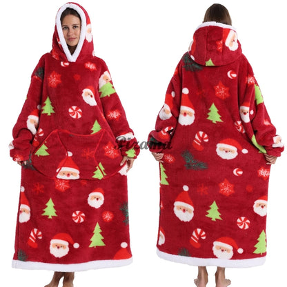 Christmas Super Long Flannel Blanket Hoodie – Unisex Cold-Proof Fleece Nightgown with Sleeves
