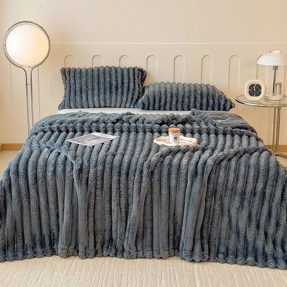 Soft FluffRow Blanket for Bed, 250GSM Warm Plush Striped Decorative Blanket for Winter Sleep & Naps