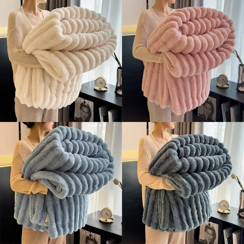 Soft FluffRow Blanket for Bed, 250GSM Warm Plush Striped Decorative Blanket for Winter Sleep & Naps