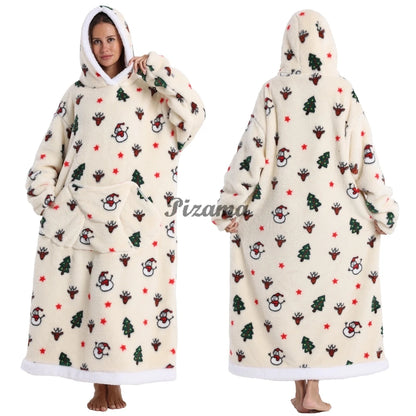 Christmas Super Long Flannel Blanket Hoodie – Unisex Cold-Proof Fleece Nightgown with Sleeves