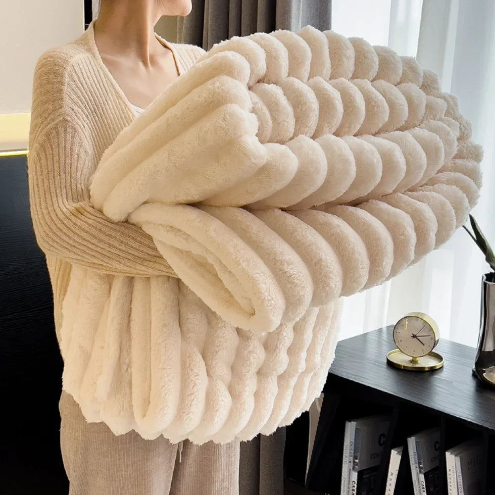 Soft FluffRow Blanket for Bed, 250GSM Warm Plush Striped Decorative Blanket for Winter Sleep & Naps