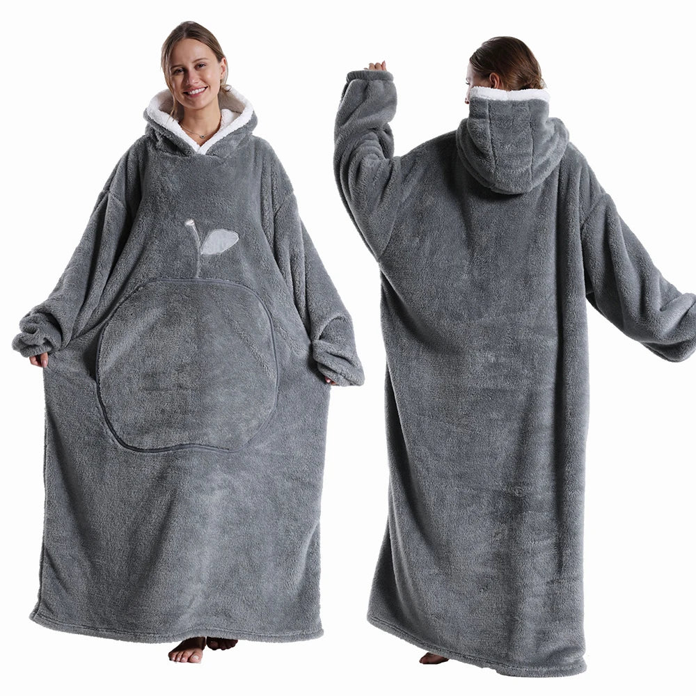 Extra-Long Hooded Flannel Blanket with Sleeves – Cozy Winter Wearable Throw for Men & Women