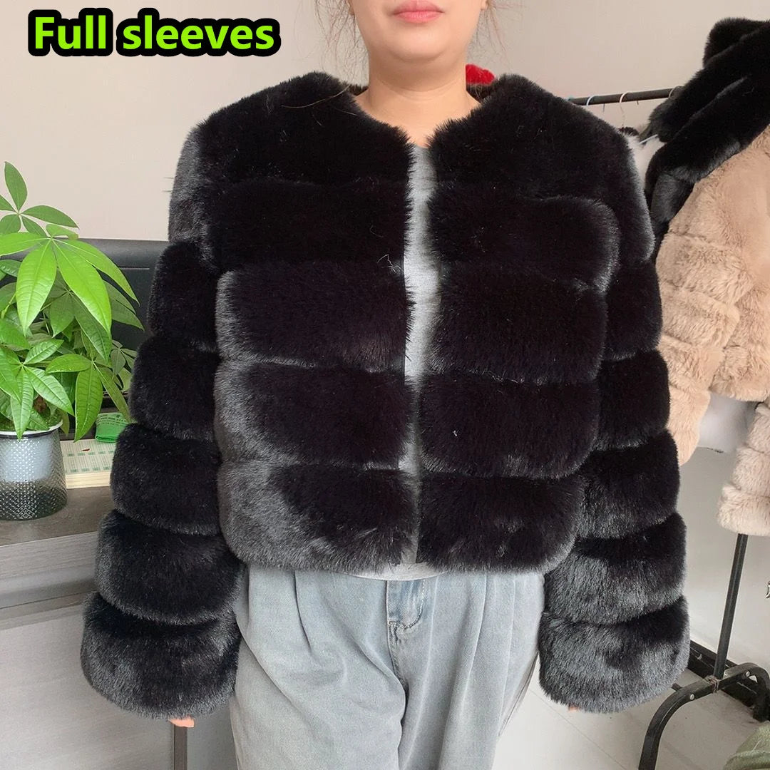 Luxury Women’s Faux Fox Fur Coat – Elegant Short Fluffy Winter Jacket