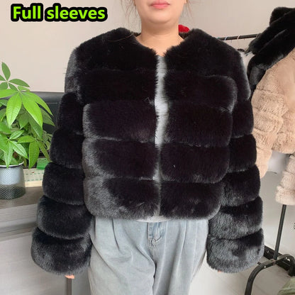 Luxury Women’s Faux Fox Fur Coat – Elegant Short Fluffy Winter Jacket