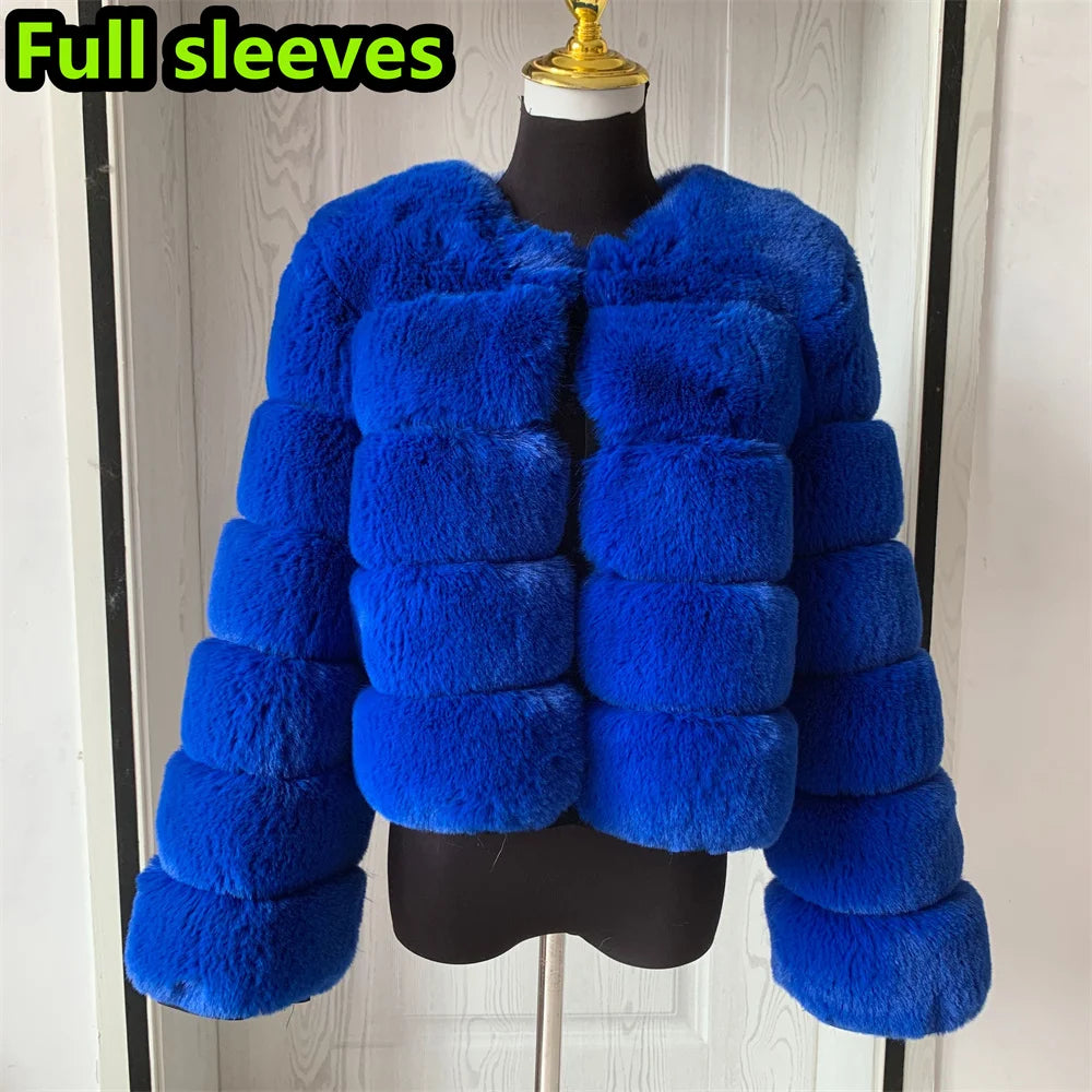 Luxury Women’s Faux Fox Fur Coat – Elegant Short Fluffy Winter Jacket