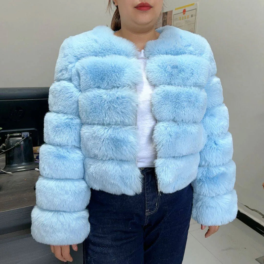 Luxury Women’s Faux Fox Fur Coat – Elegant Short Fluffy Winter Jacket