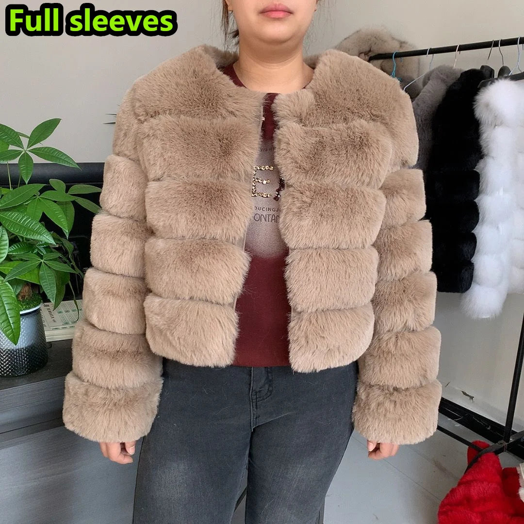 Luxury Women’s Faux Fox Fur Coat – Elegant Short Fluffy Winter Jacket