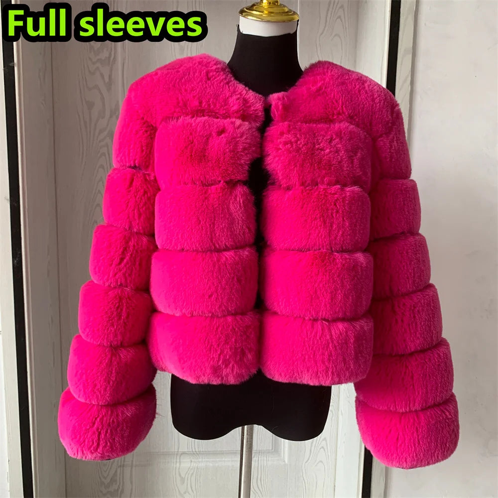 Luxury Women’s Faux Fox Fur Coat – Elegant Short Fluffy Winter Jacket