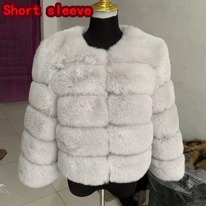 Luxury Women’s Faux Fox Fur Coat – Elegant Short Fluffy Winter Jacket