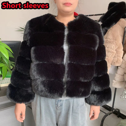 Luxury Women’s Faux Fox Fur Coat – Elegant Short Fluffy Winter Jacket