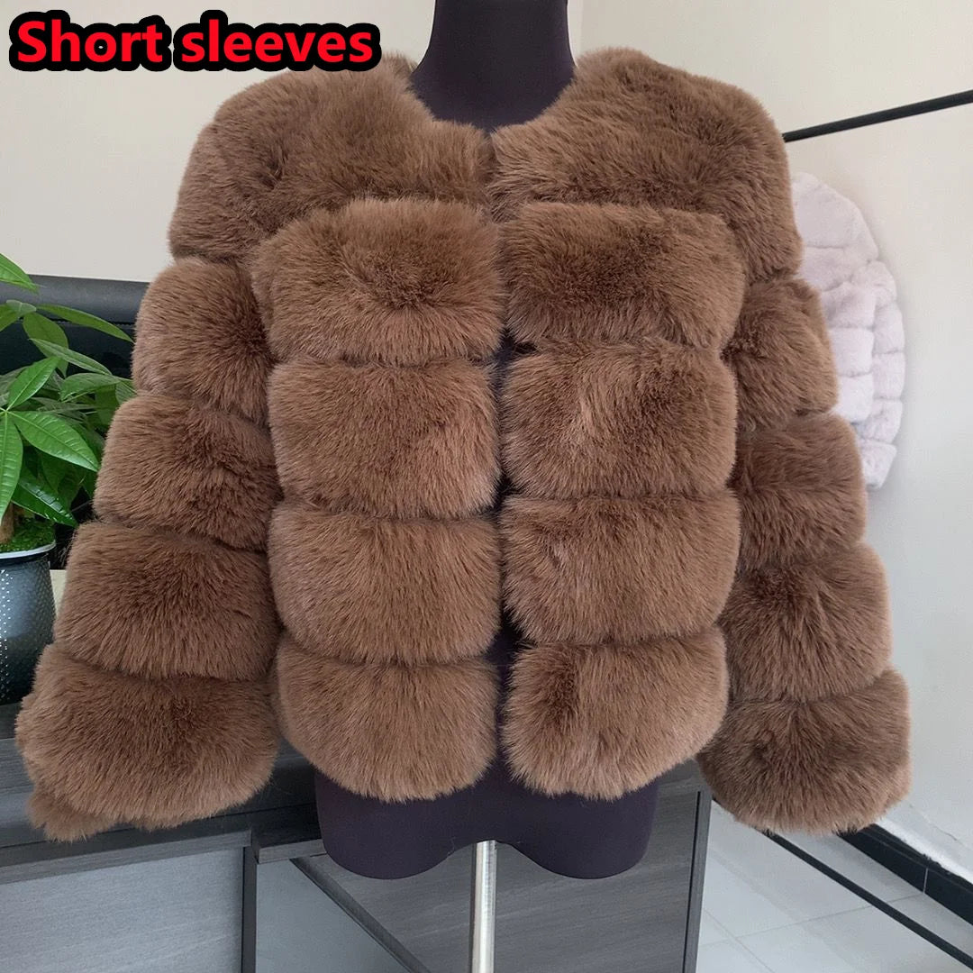 Luxury Women’s Faux Fox Fur Coat – Elegant Short Fluffy Winter Jacket