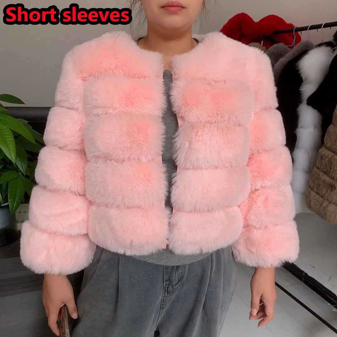 Luxury Women’s Faux Fox Fur Coat – Elegant Short Fluffy Winter Jacket